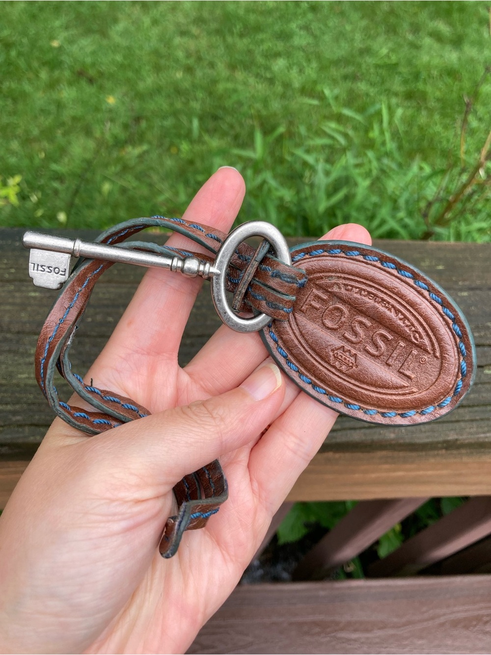 Vintage Fossil Leather Bag Charm Key Fob Brown Blue Stitching Skeleton Key